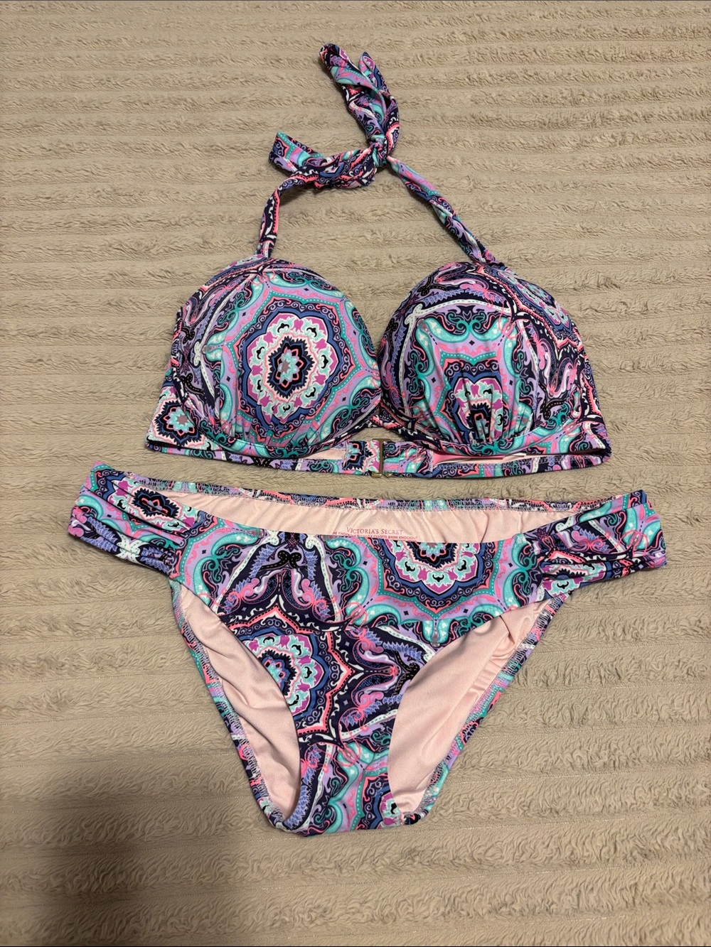 Victoria Secret Push Up Paisley Print Halter Bikini Set in Pink & Teal